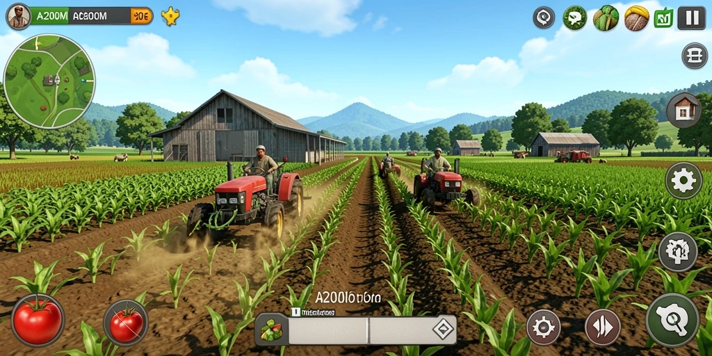 Tampilan gameplay A200M dengan ladang dan aktivitas pertanian.