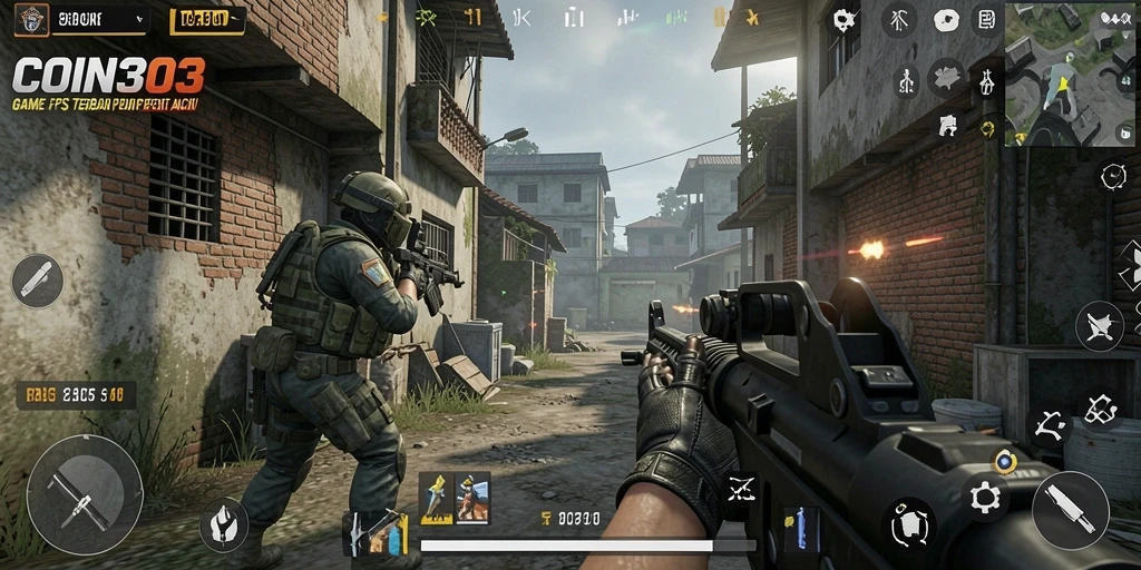 Tampilan gameplay mendebarkan di COIN303 dengan pertarungan FPS yang intens.