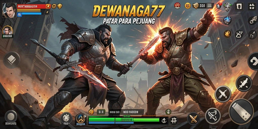 Screenshot DEWANAGA77 yang menampilkan aksi pertarungan yang penuh semangat.