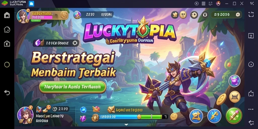 Screenshot gameplay menunjukkan strategi dan pertempuran epik di LUCKYTOPIA.