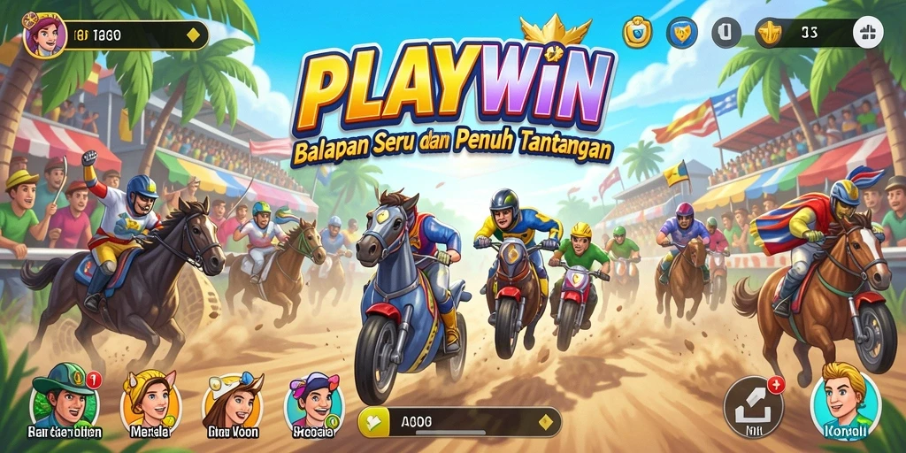 Screenshot utama PLAYWIN menunjukkan serunya balapan di berbagai trek.