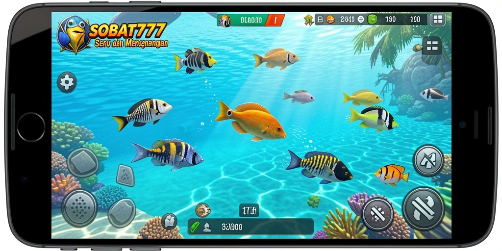 Tampilan gameplay SOBAT777 dengan banyak ikan berwarna-warni dan aksi menangkap yang seru.