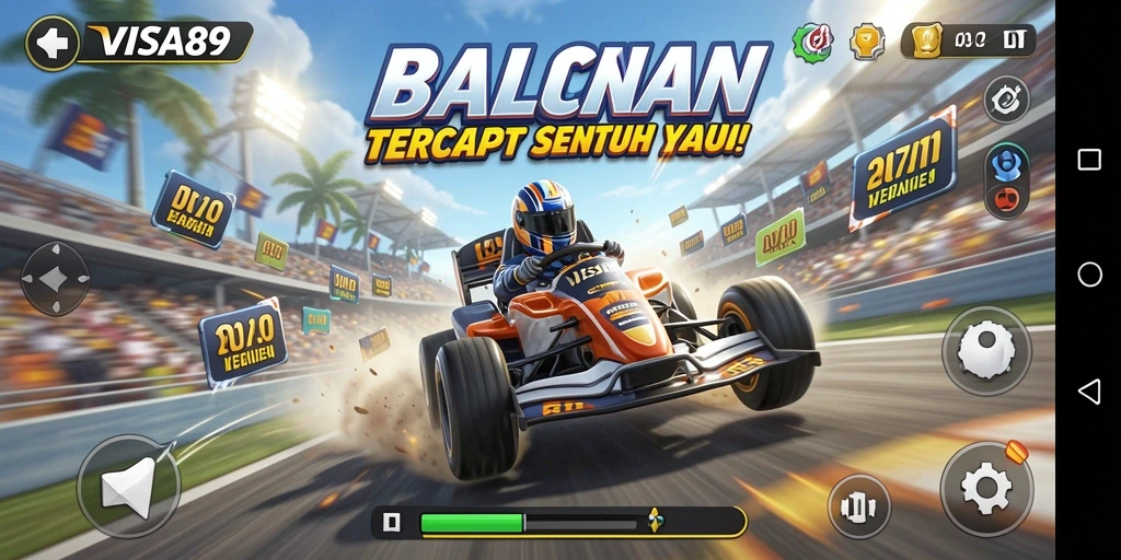 Tangkapan layar utama menunjukkan aksi balapan yang mendebarkan.